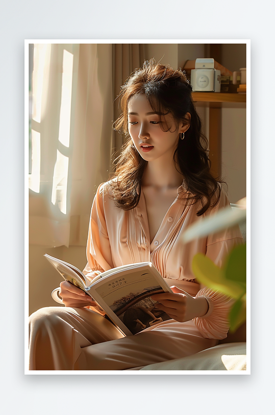 坐在沙发上看书的女人-众图网