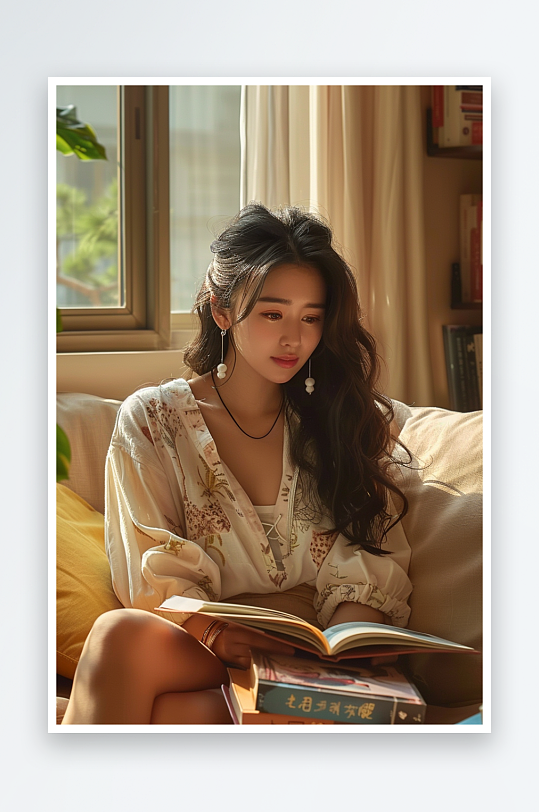 坐在沙发上看书的女人-众图网
