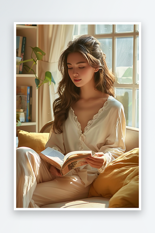 坐在沙发上看书的女人-众图网