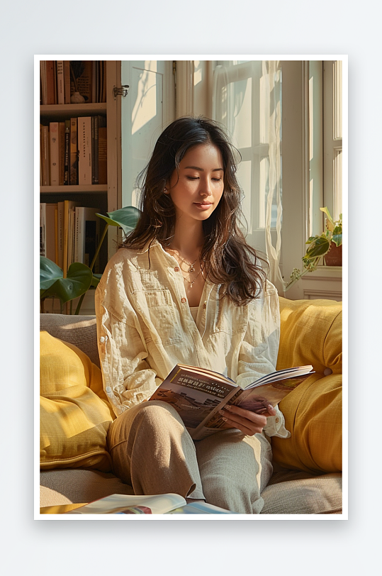 坐在沙发上看书的女人-众图网