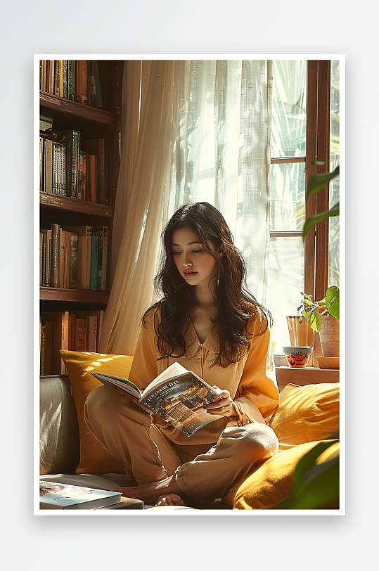 坐在沙发上看书的女人-众图网