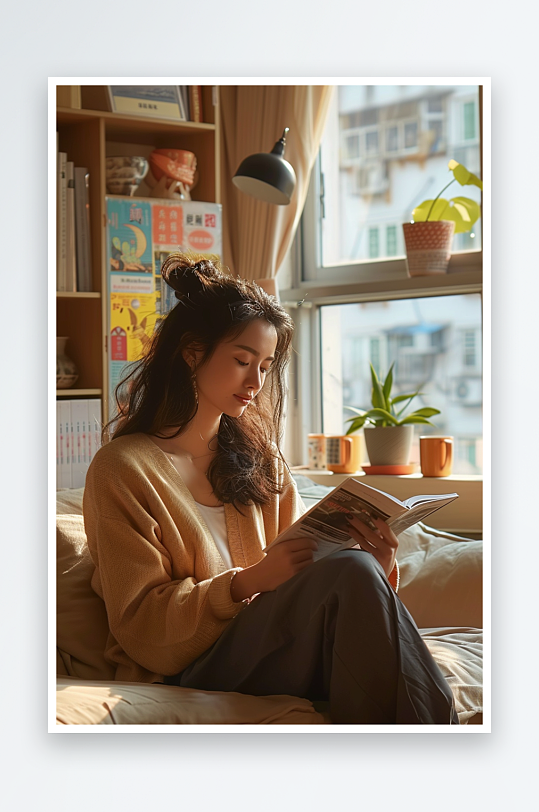 坐在沙发上看书的女人-众图网