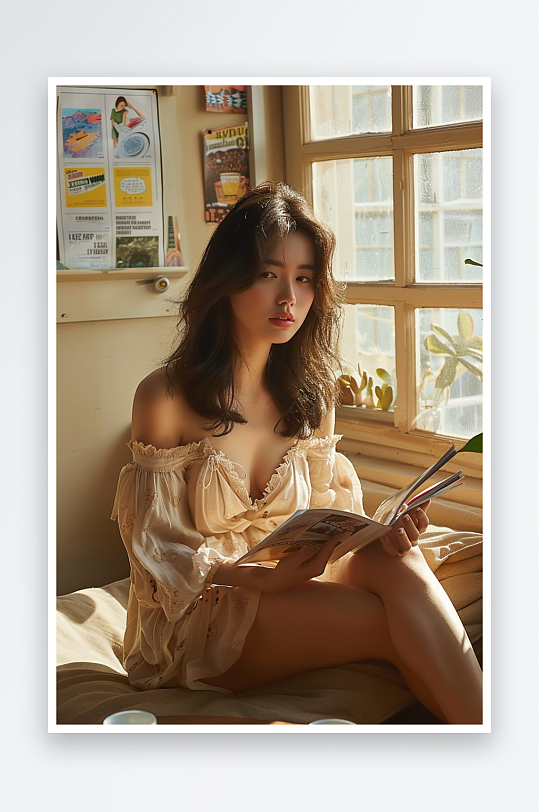 坐在沙发上看书的女人-众图网