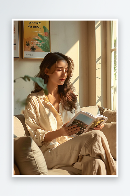 坐在沙发上看书的女人-众图网