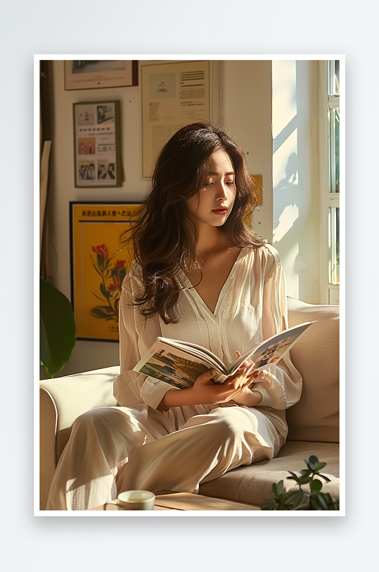 坐在沙发上看书的女人-众图网