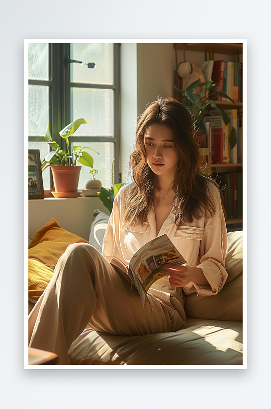 坐在沙发上看书的女人-众图网