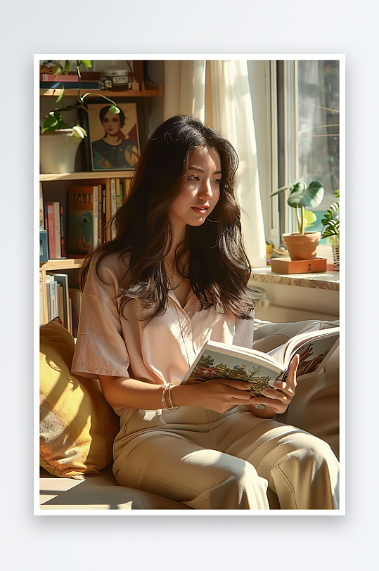 坐在沙发上看书的女人-众图网
