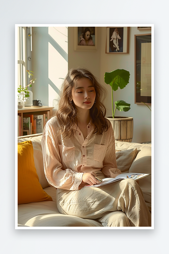 坐在沙发上看书的女人-众图网