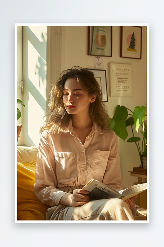 坐在沙发上看书的女人-众图网