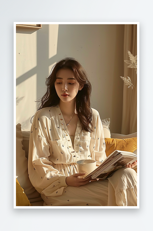 坐在沙发上看书的女人-众图网