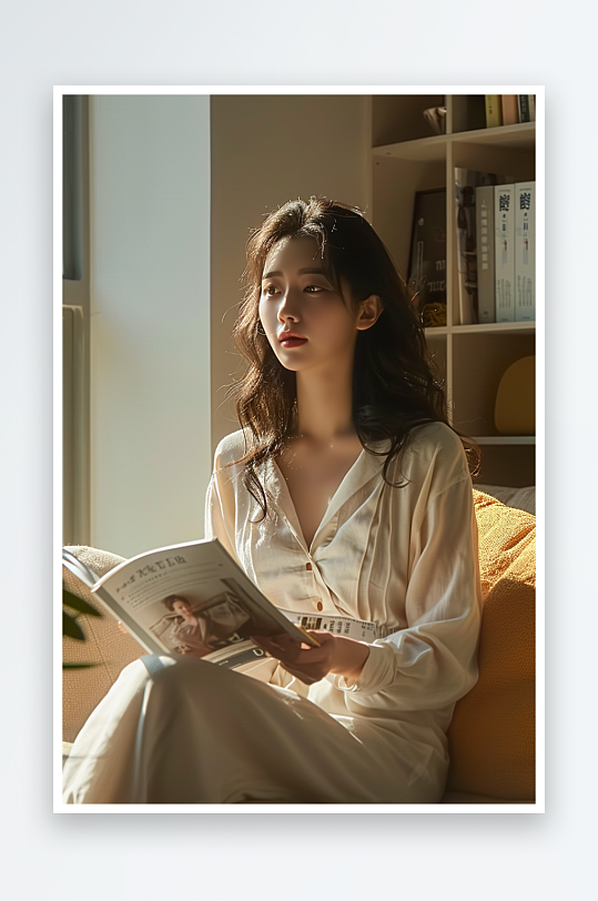 坐在沙发上看书的女人-众图网