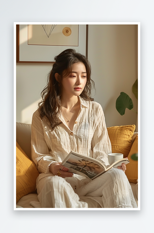 坐在沙发上看书的女人-众图网