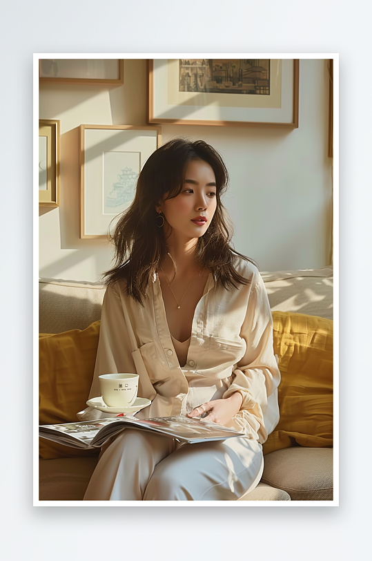 坐在沙发上看书的女人-众图网