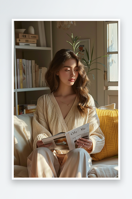 坐在沙发上看书的女人-众图网