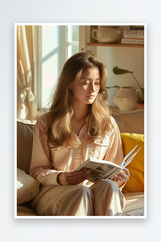 坐在沙发上看书的女人-众图网