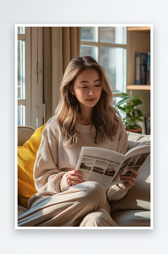 坐在沙发上看书的女人-众图网