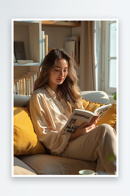 坐在沙发上看书的女人-众图网