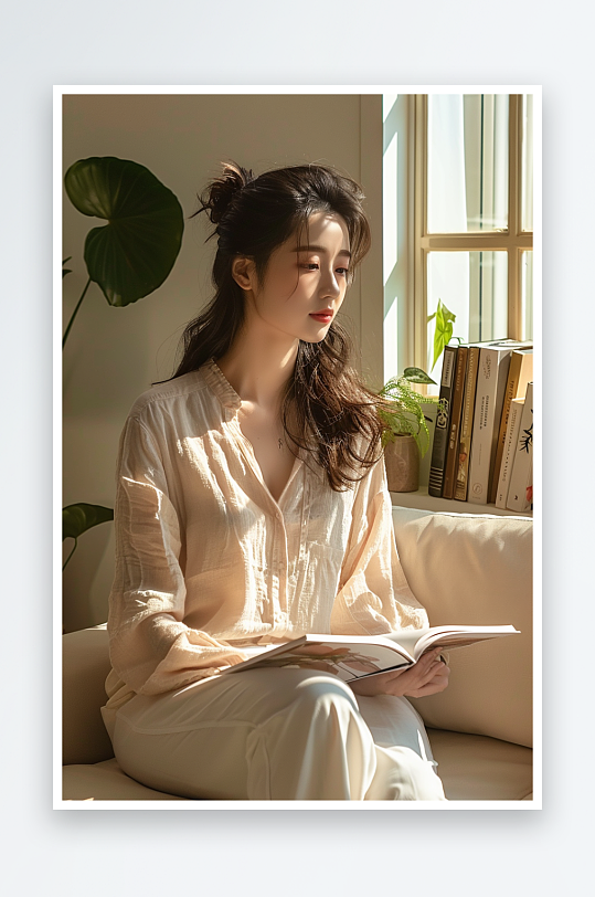 坐在沙发上看书的女人-众图网