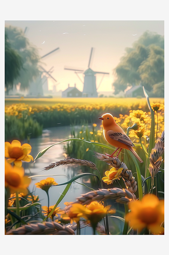 田地中停留的小鸟-众图网