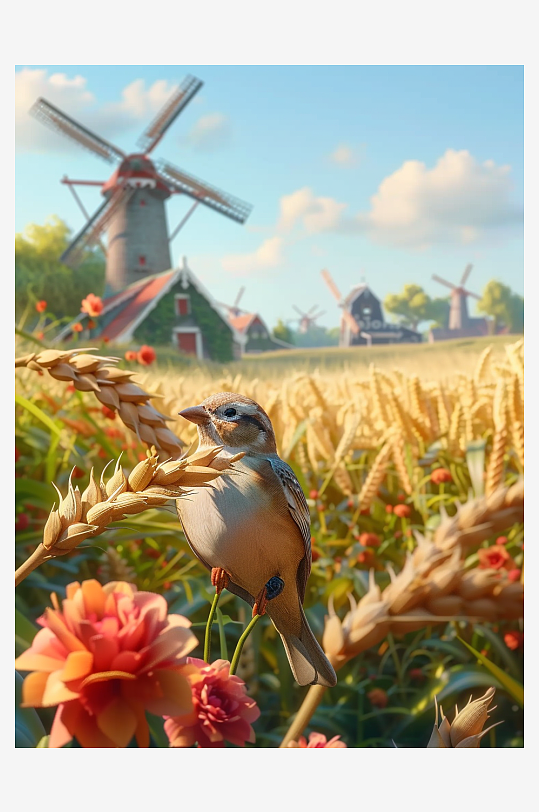 田地中停留的小鸟-众图网