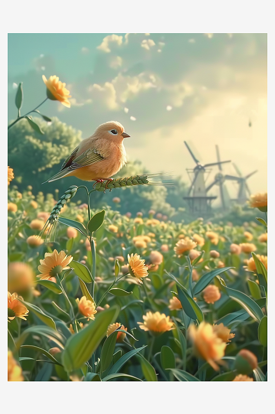 田地中停留的小鸟-众图网