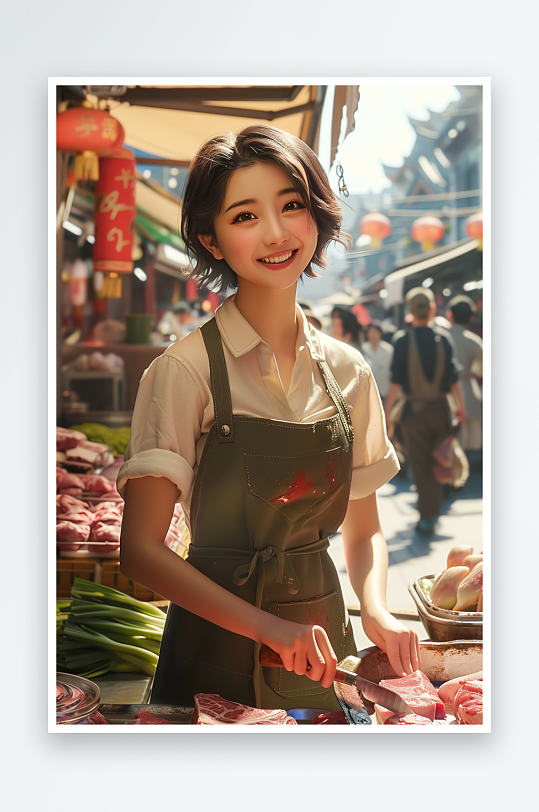 肉摊上卖肉的女老板-众图网