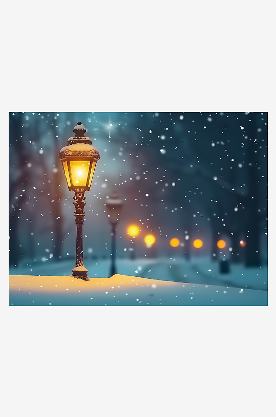 冬天夜间路边的路灯-众图网