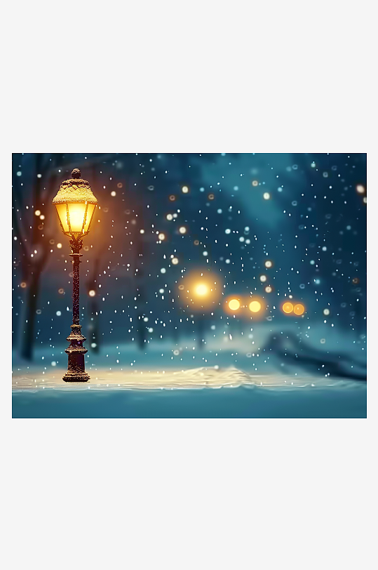 冬天夜间路边的路灯-众图网