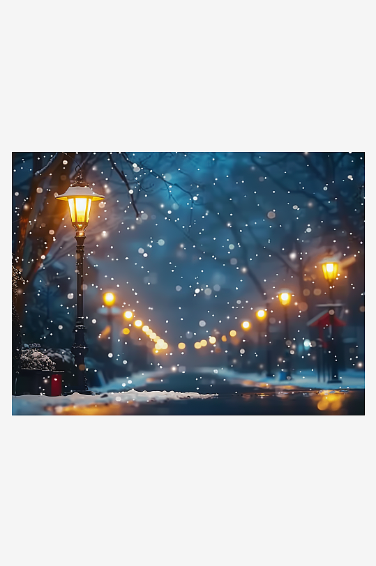 冬天夜间路边的路灯-众图网