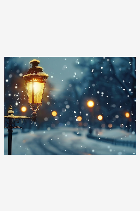 冬天夜间路边的路灯-众图网