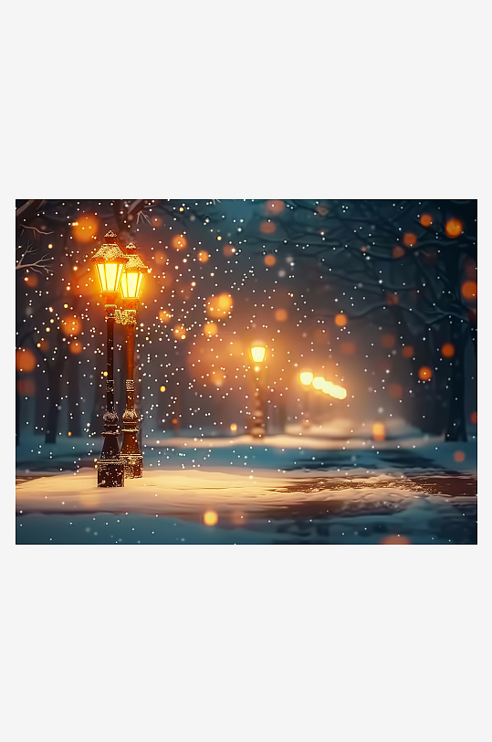 冬天夜间路边的路灯-众图网