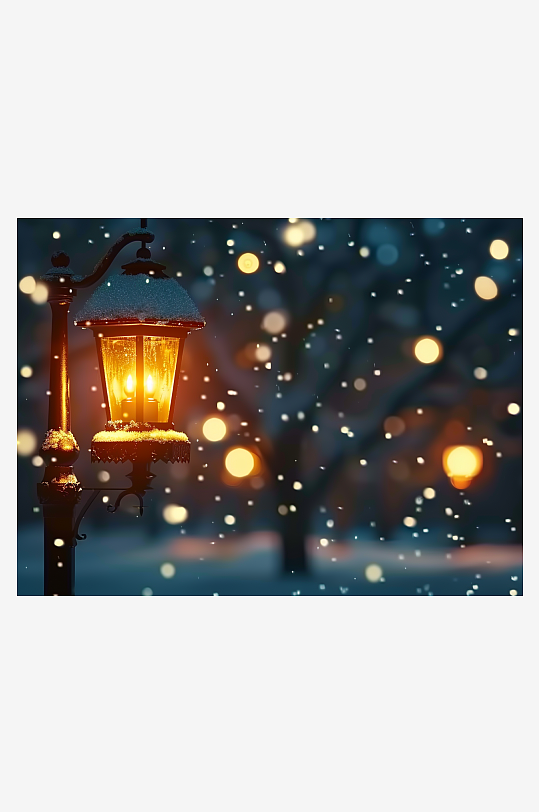 冬天夜间路边的路灯-众图网