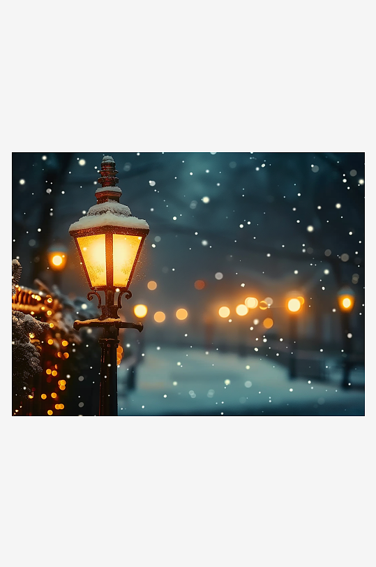 冬天夜间路边的路灯-众图网
