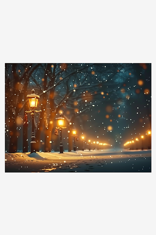 冬天夜间路边的路灯-众图网