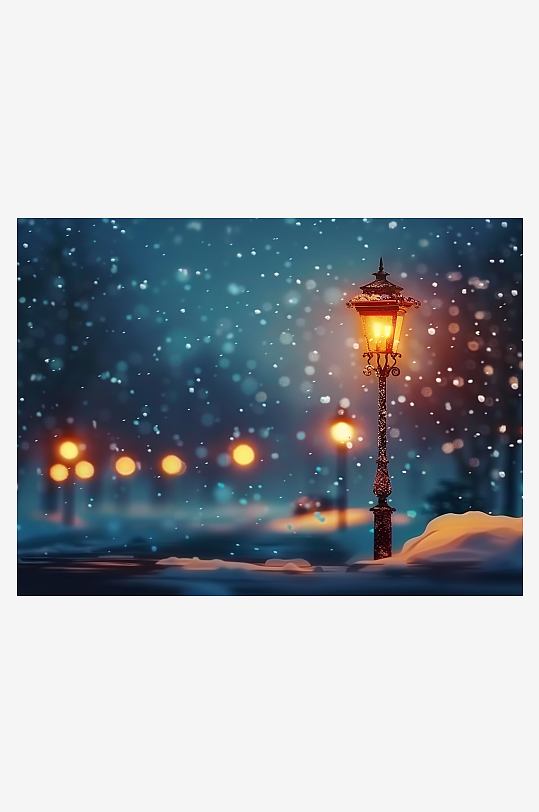 冬天夜间路边的路灯-众图网