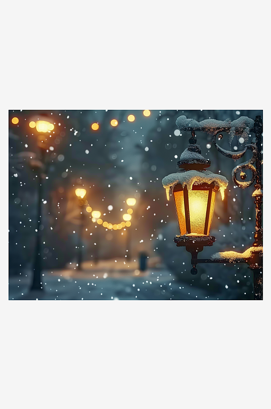 冬天夜间路边的路灯-众图网