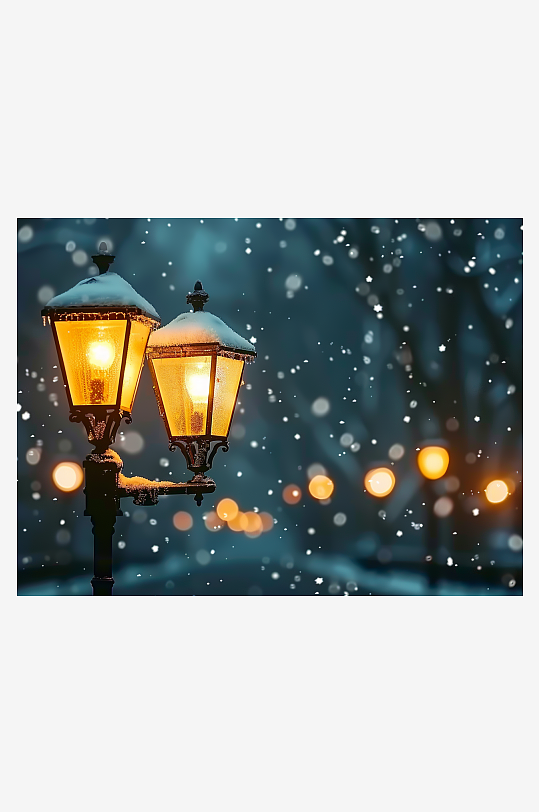 冬天夜间路边的路灯-众图网