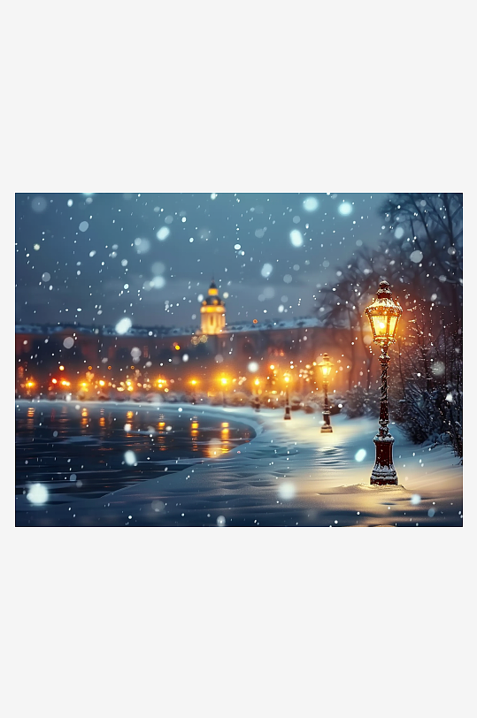 冬天夜间路边的路灯-众图网