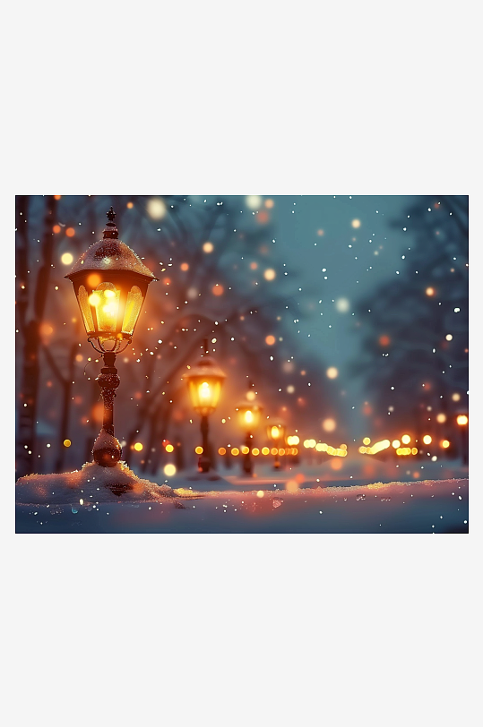 冬天夜间路边的路灯-众图网