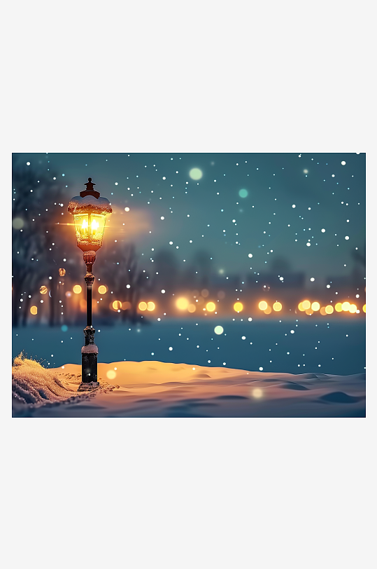 冬天夜间路边的路灯-众图网