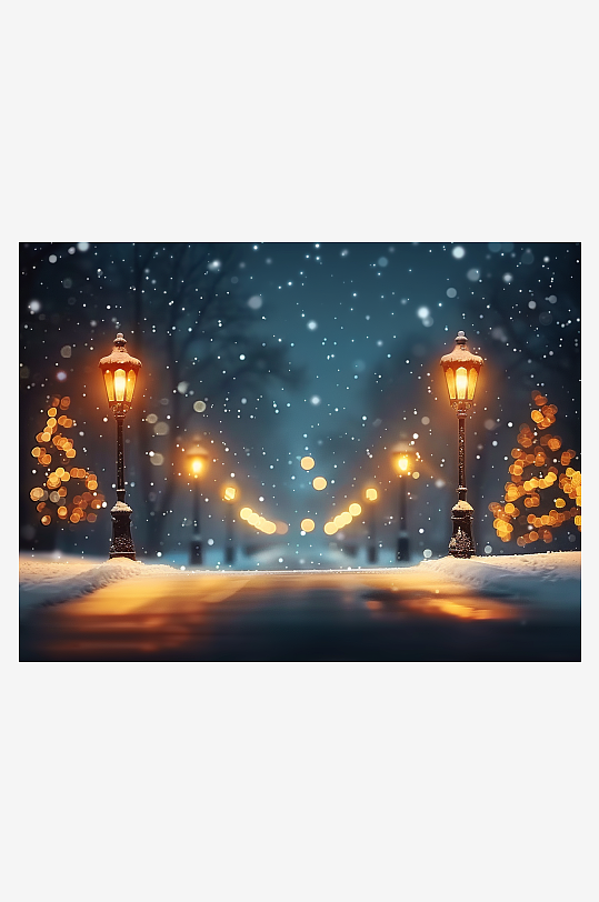 冬天夜间路边的路灯-众图网