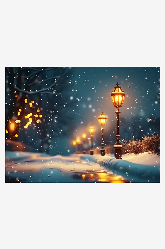 冬天夜间路边的路灯-众图网