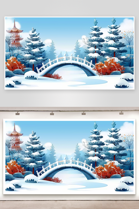 冬季雪景中的河流小桥-众图网