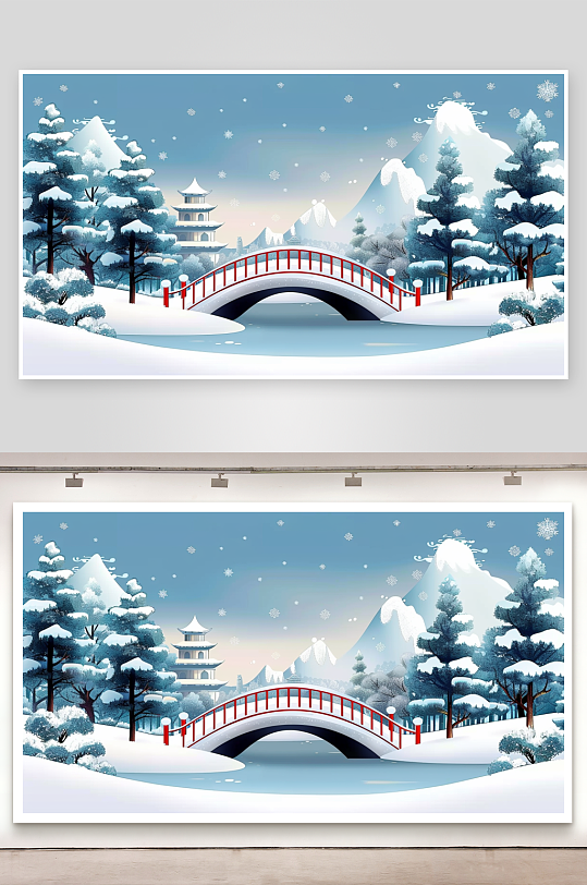 冬季雪景中的河流小桥-众图网