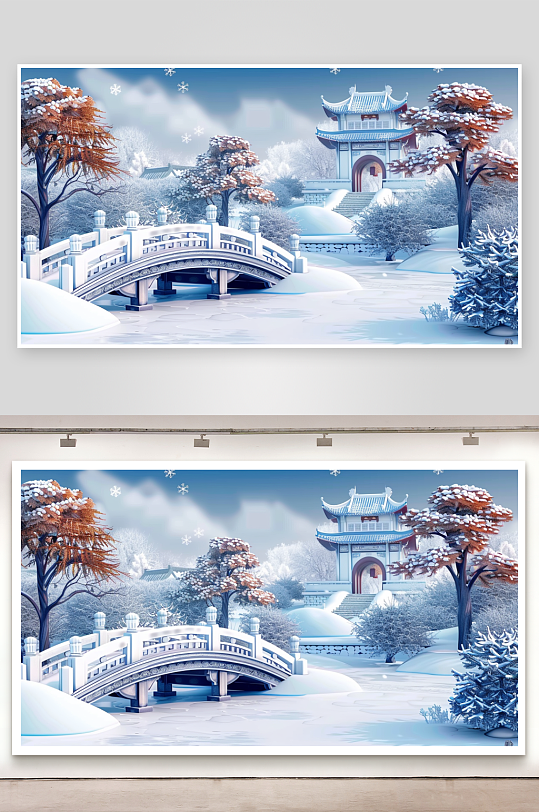 冬季雪景中的河流小桥-众图网