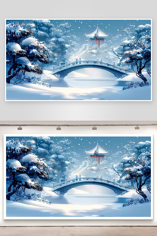 冬季雪景中的河流小桥-众图网