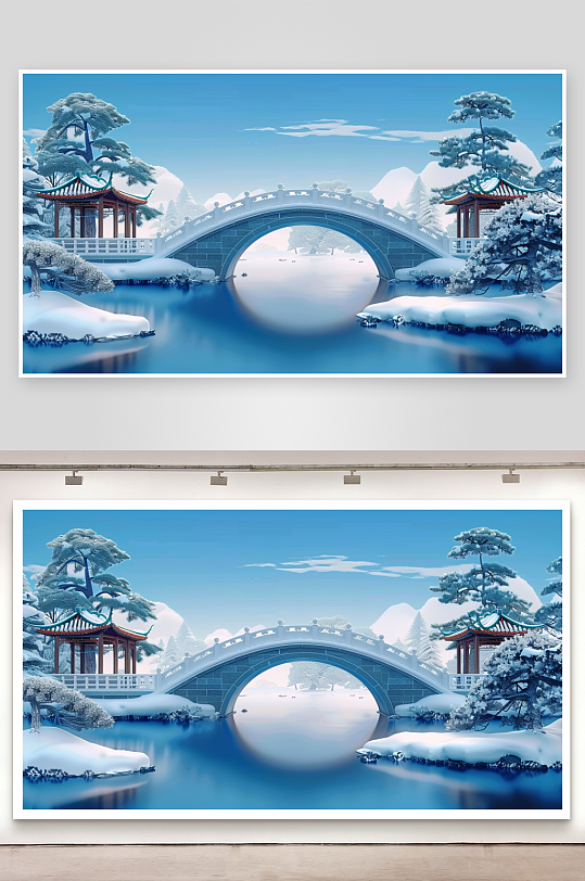 冬季雪景中的河流小桥-众图网