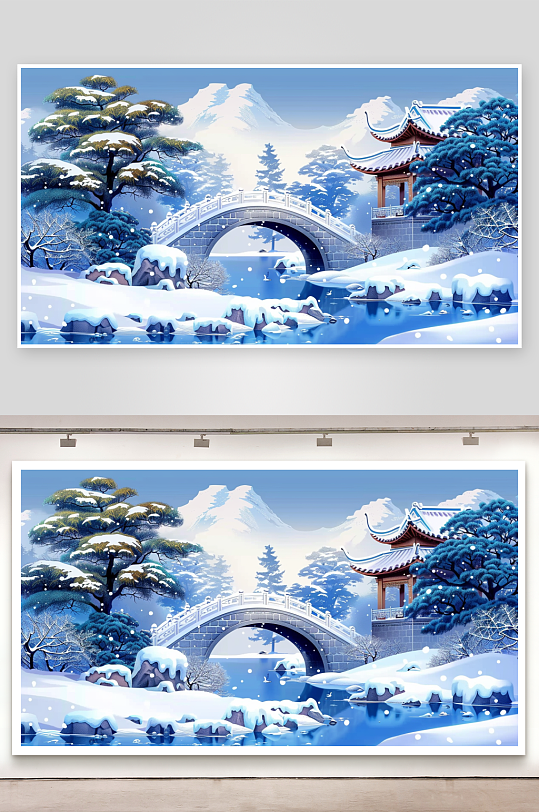 冬季雪景中的河流小桥-众图网