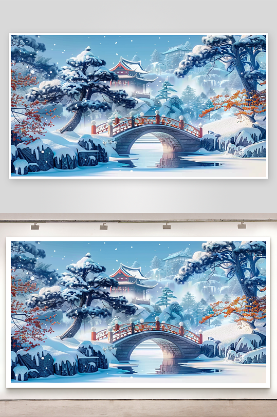 冬季雪景中的河流小桥-众图网