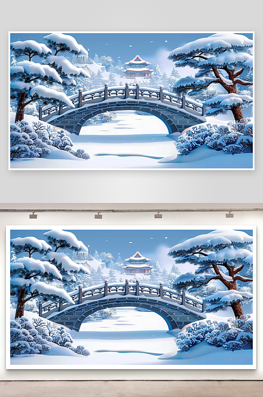 冬季雪景中的河流小桥-众图网